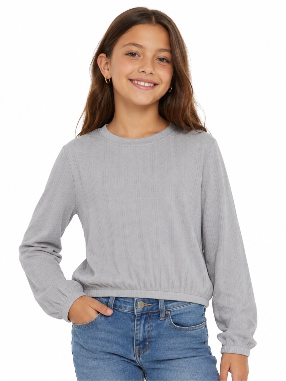 Cat & Jack Girls Light Blue Gray Pointelle Knit Long Sleeve Top Size M 8 NWT